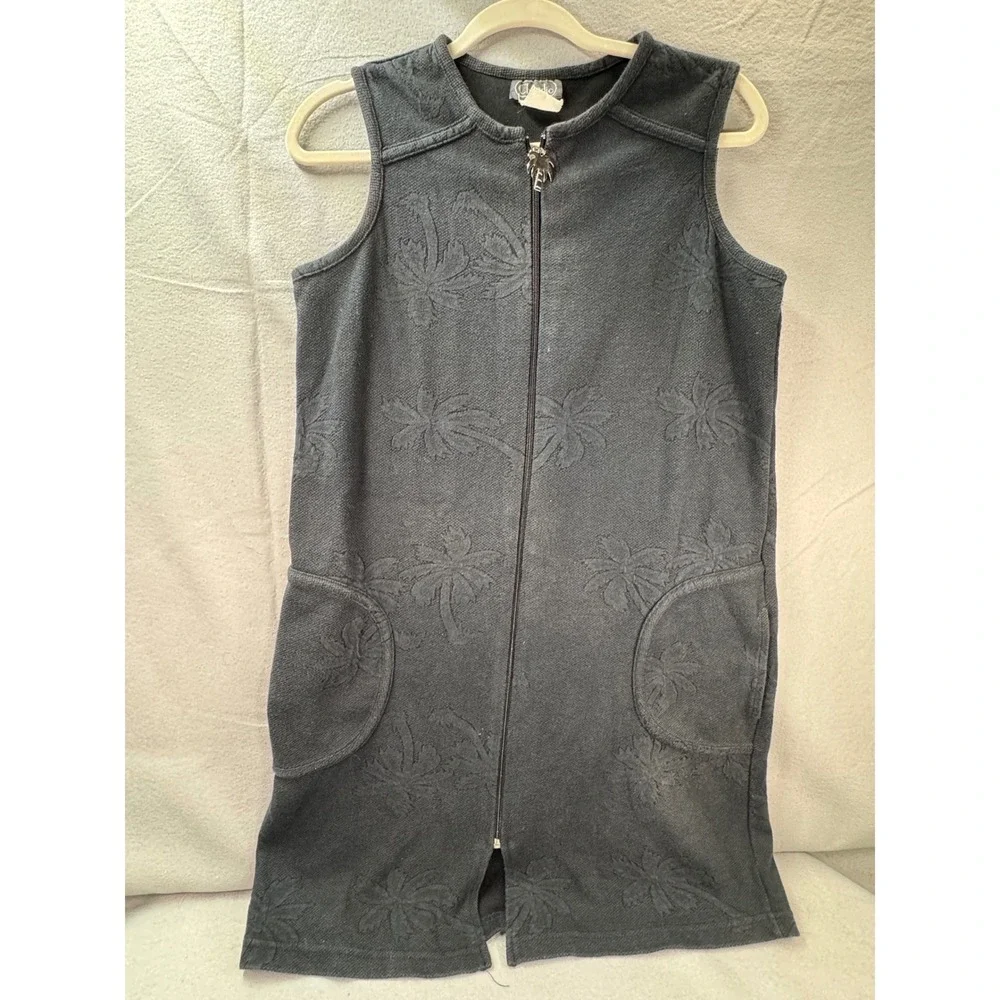 Whimsy Beach Vintage Coastal Knit Zip Up Tunic Women M Black Palm Tree‎ Jacquard